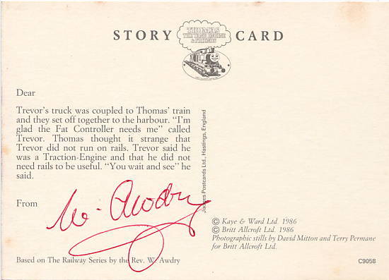 Eine Story Card, persönlich unterschrieben von Reverend Wilbert Awdry